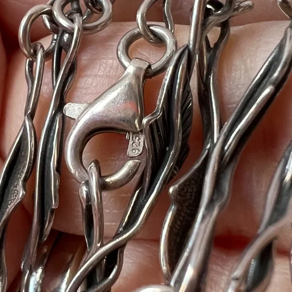 ANTIQUE VINTAGE LONG 925 STERLING SILVER NECKLACE CHAIN LEAVES DESIGN ORNATE